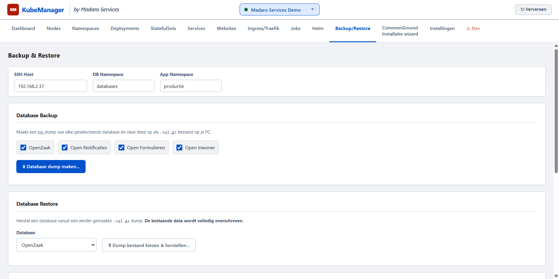 Screenshot van de KubeManager Backup & Restore pagina